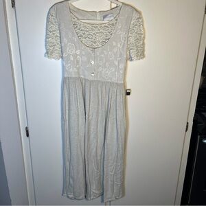 Vtg Women's Dress Size L 90s Grey Lace Linen Prairie Cottagecore Romantic Midi